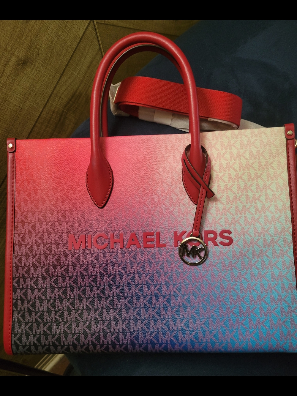 NWOT Michael Kors Mirella Medium Ombre Pink to Blue Gradient Logo Tote - Picture 5 of 6